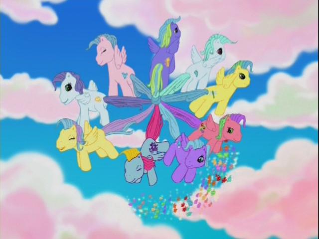 Size: 640x480 | Tagged: safe, derpibooru import, coconut grove, island delight, thistle whistle, cloud pony, pegasus, pony, friends are never far away, background pony, bubbles pony, g3, pegasus promise