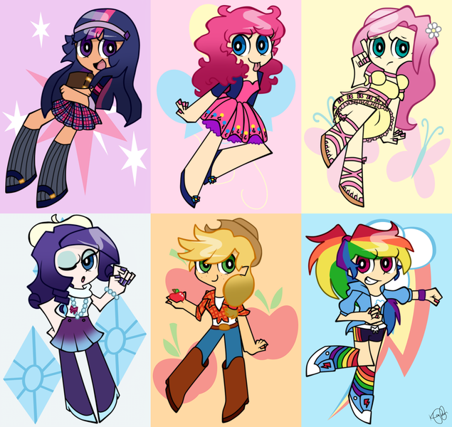 Size: 1665x1572 | Tagged: applejack, artist:kleekay423, derpibooru import, fluttershy, humanized, mane six, panty and stocking with garterbelt, pinkie pie, rainbow dash, rarity, safe, source needed, style emulation, twilight sparkle, useless source url