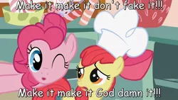 Size: 1280x720 | Tagged: apple bloom, derpibooru import, madness mantra, pinkie pie, quote, safe, text, trashhumpers, vulgar