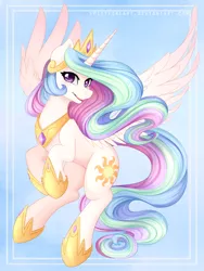 Size: 1200x1600 | Tagged: safe, artist:spittfireart, derpibooru import, princess celestia, alicorn, pony, beautiful, cute, cutelestia, female, flying, looking at you, mare, open mouth, smiling, solo, spread wings