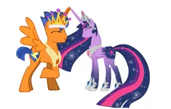 Size: 751x480 | Tagged: safe, artist:nianara, derpibooru import, flash sentry, twilight sparkle, twilight sparkle (alicorn), ponified, alicorn, pony, equestria girls, duo, equestria girls ponified, ethereal mane, female, flashlight, galaxy mane, male, male princess, mare, prince flash sentry, race swap, shipping, straight, this will end in an alicorn baby stronger than flurry heart, tiara, ultimate twilight