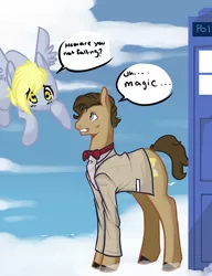 Size: 1280x1668 | Tagged: safe, artist:slipe, derpibooru import, derpy hooves, doctor whooves, time turner, pegasus, pony, crossover, doctor who, doctorderpy, eleventh doctor, female, male, mare, shipping, straight, sweat, tardis