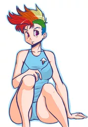 Size: 701x1012 | Tagged: artist:slipe, breasts, busty rainbow dash, clothes, female, humanized, mohawk, one-piece swimsuit, panties, piercing, rainbow dash, solo, solo female, suggestive, swimsuit
