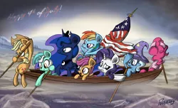 Size: 2300x1400 | Tagged: 4th of july, american independence day, american revolution, applejack, artist:slitherpon, boat, classic art, crossing the delaware, derpibooru import, fine art parody, flag, independence day, lyra heartstrings, parody, pinkie pie, princess luna, rainbow dash, rarity, river, safe, scootaloo, trixie, united states, washington crossing the delaware