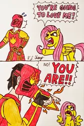 Size: 659x986 | Tagged: safe, artist:stealthninja5, derpibooru import, fluttershy, human, bionicle, comic, crossover, flutterrage, funny, lego, no u, no you, tahu, traditional art