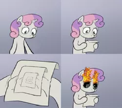 Size: 608x539 | Tagged: safe, derpibooru import, edit, sweetie belle, awful res, droste effect, exploitable meme, looks worse than my father-in-law, lowres, meme, needs more jpeg, recursion, sweetie's note meme, terrible