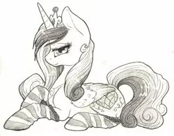 Size: 1280x1003 | Tagged: safe, artist:dimwitdog, derpibooru import, princess cadance, alicorn, pony, clothes, female, mare, monochrome, socks, solo, striped socks, traditional art