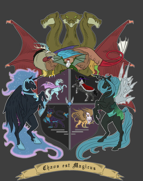 Size: 1024x1297 | Tagged: safe, artist:biscuitcrumbs, derpibooru import, ahuizotl, discord, gilda, king sombra, nightmare moon, queen chrysalis, trixie, alicorn, changeling, changeling queen, cockatrice, gryphon, hydra, parasprite, pony, unicorn, antagonist, coat of arms, crest, ethereal mane, female, gray background, heraldry, hoof shoes, male, mare, multiple heads, rampant, simple background, spread wings, stallion, starry mane, supporters, three heads, wings