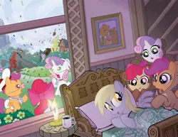 Size: 1000x771 | Tagged: safe, artist:tonyfleecs, derpibooru import, idw, apple bloom, derpy hooves, rover, scootaloo, sweetie belle, diamond dog, pegasus, pony, clothes, comic cover, costume, cover, female, goldilocks and the three bears, mare, the three little pigs