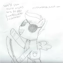 Size: 1597x1578 | Tagged: 30 minute art challenge, artist:2shyshy, derpibooru import, monochrome, pirate, safe, scootaloo, solo, traditional art