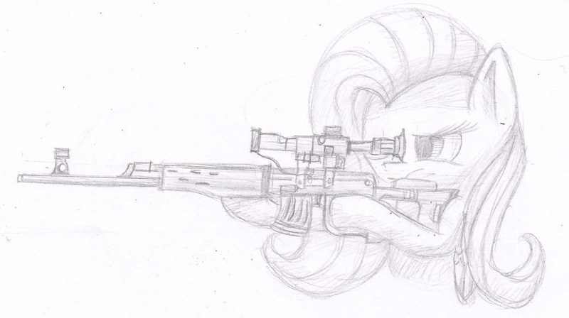 Size: 1489x833 | Tagged: safe, artist:suplolnope, derpibooru import, fluttershy, pegasus, pony, dragunov, female, flutterbadass, gun, hooves, mare, monochrome, one eye closed, optical sight, rifle, scope, sketch, sniper rifle, snipershy, sniperskya vintovka dragunova, solo, svd, traditional art, weapon, wings