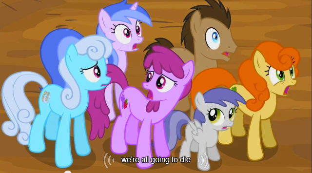 Size: 640x355 | Tagged: berry punch, berryshine, caption, carrot top, derpibooru import, doctor whooves, edit, edited screencap, golden harvest, it's about time, linky, safe, scared, screencap, seafoam, sea swirl, shoeshine, technically correct, time turner, tornado bolt, worried, youtube caption