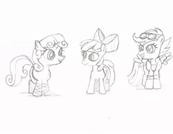 Size: 900x696 | Tagged: apple bloom, artist:demonioblanco, bat, cutie mark crusaders, hokuto no ken, lynne, monochrome, safe, scootaloo, sweetie belle, traditional art