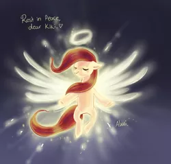 Size: 1136x1084 | Tagged: safe, artist:avui, derpibooru import, oc, unofficial characters only, earth pony, pony, angelic wings, eyes closed, female, filly, halo, heart, in memoriam, in memory of kiki havivy, kiki, kiki havivy, ponysona, rest in peace, solo