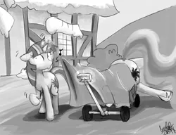 Size: 800x615 | Tagged: safe, artist:the-bigfriendlyninja, derpibooru import, princess celestia, twilight sparkle, pony, unicorn, cart, dead, female, magic, mare, monochrome, telekinesis, wagon, wat