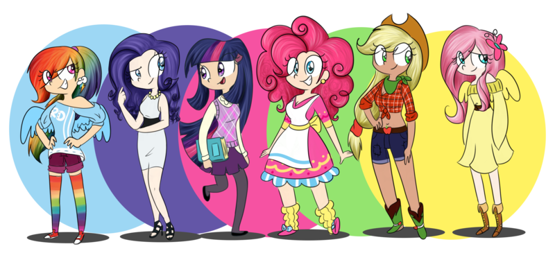 Size: 2184x1024 | Tagged: applejack, apron, argyle, artist:cosmicponye, bandana, belly button, clothes, converse, denim, derpibooru import, dress, earring, fluttershy, front knot midriff, high heels, humanized, leg warmers, line-up, mane six, midriff, off shoulder, pantyhose, pinkie pie, pleated skirt, rainbow dash, rainbow socks, rarity, safe, shoes, shorts, skirt, socks, striped socks, sweater vest, thigh highs, tube skirt, twilight sparkle