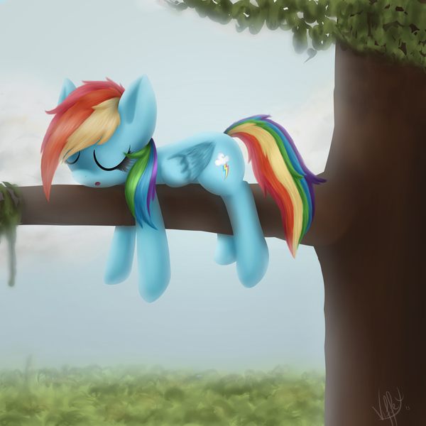 Size: 3000x3000 | Tagged: artist:skybrush-viffex, derpibooru import, rainbow dash, safe, sleeping, solo, tree