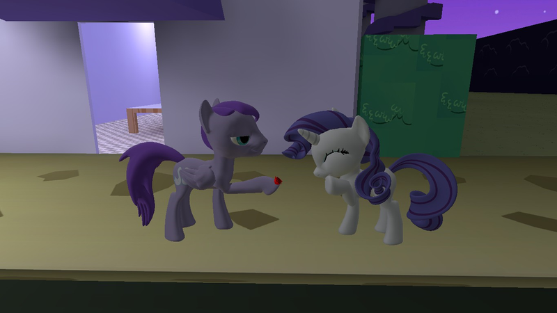 Size: 1024x576 | Tagged: safe, artist:kxp71, derpibooru import, rarity, oc, oc:kydose, 3d, bedroom eyes, bush, canon x oc, giggling, gmod, love, raridose, rose, shipping, stars, street