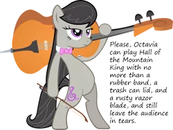 Size: 1000x751 | Tagged: safe, artist:artpwny, derpibooru import, edit, octavia melody, earth pony, pony, bipedal, bow (instrument), bowtie, cello, cello bow, cutie mark, female, glorious cello princess, hooves, insane pony thread, mare, musical instrument, ready, simple background, solo, text, transparent background, tumblr, vector