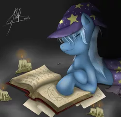 Size: 909x879 | Tagged: safe, artist:ephemurai, derpibooru import, trixie, pony, unicorn, book, candle, female, mare, solo