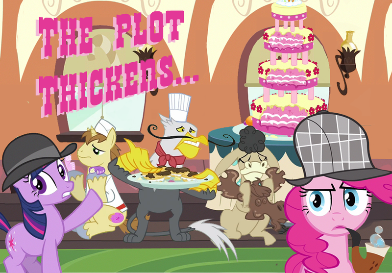 Size: 934x650 | Tagged: safe, derpibooru import, edit, edited screencap, screencap, donut joe, gustave le grande, mulia mild, pinkie pie, twilight sparkle, donkey, earth pony, gryphon, pony, unicorn, mmmystery on the friendship express, bubble pipe, cake, deerstalker, food, hat, image macro, pink text, reaction, reaction image