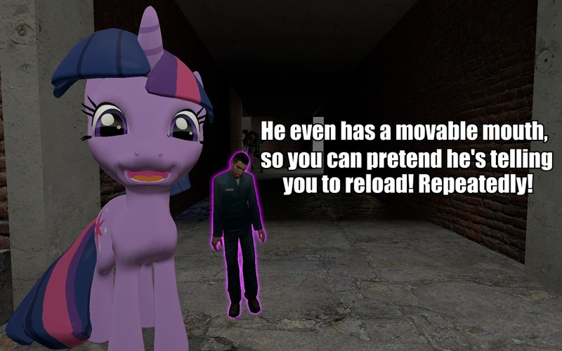 Size: 960x600 | Tagged: 3d, artist:pinkie diane roosevelt phd, citizen, combine, combine hunter, derpibooru import, doll, gmod, half-life, half-life 2, hunter, reaction image, safe, twilight sparkle