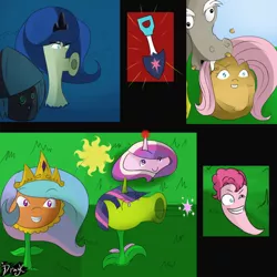 Size: 800x800 | Tagged: artist:dragk, crossover, derpibooru import, discord, fluttershy, hypnoshroom, jalapeno, peashooter, pinkie pie, plants vs zombies, potato mine, princess cadance, princess celestia, princess luna, queen chrysalis, safe, scaredy-shroom, shining armor, shovel, species swap, sunflower, twilight sparkle, wall-nut