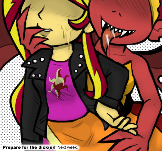 Size: 700x650 | Tagged: questionable, artist:livesmutanon, derpibooru import, sunset shimmer, human, equestria girls, colored, drool, female, humanized, lesbian, licking, selfcest, square crossover, sunset satan, tongue out