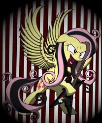 Size: 1976x2386 | Tagged: safe, alternate version, artist:friendshipismetal777, derpibooru import, fluttershy, pegasus, pony, abstract background, electric guitar, emoshy, guitar, metal, metalhead, music, solo, striped background, tongue out