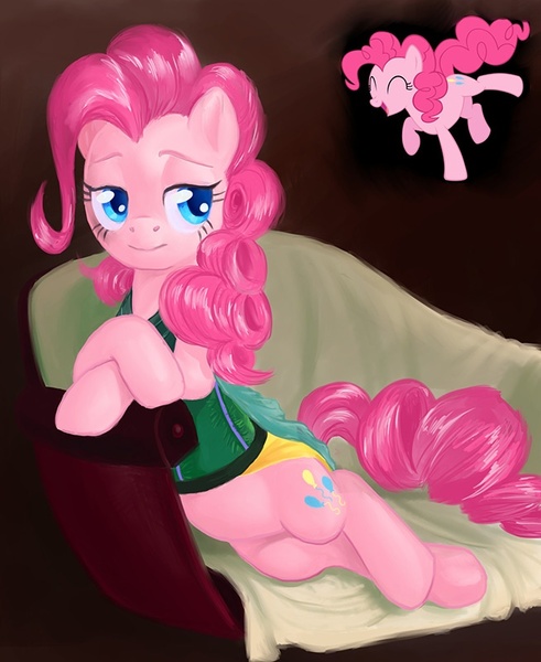 Size: 654x800 | Tagged: artist:countcarbon, clothes, couch, derpibooru import, pinkie pie, pretty, safe