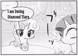 Size: 546x395 | Tagged: safe, derpibooru import, diamond tiara, rarity, sweetie belle, pony, unicorn, ..., diamondbelle, exploitable meme, female, forced meme, lesbian, many many pony, meme, monochrome, mug, shipping, spit take