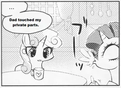 Size: 546x395 | Tagged: suggestive, derpibooru import, rarity, sweetie belle, pony, unicorn, ..., exploitable meme, female, forced meme, implied foalcon, many many pony, meme, molestation, monochrome, mug, spit take