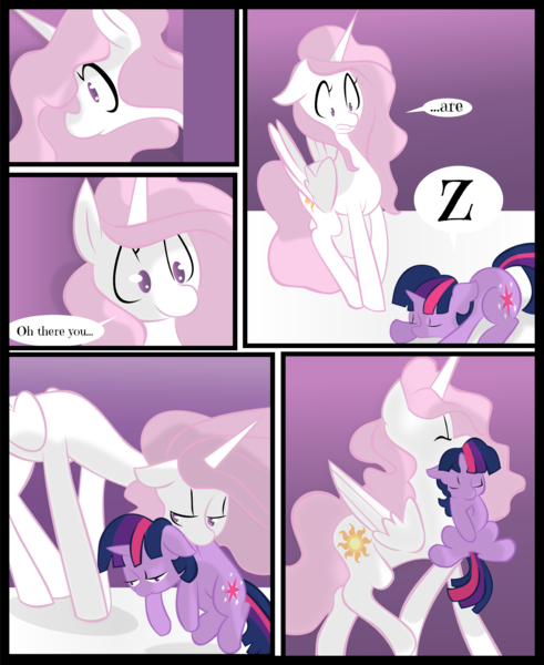 Size: 1767x2159 | Tagged: safe, artist:fauxsquared, artist:michwoona, derpibooru import, princess celestia, twilight sparkle, alicorn, pony, unicorn, carrying, colored, comic, cute, eyes closed, filly, filly twilight sparkle, floppy ears, momlestia, mouth hold, prone, scruff, sleeping, smiling, speech bubble, surprised, tired, unicorn twilight, walking, wide eyes, younger, z