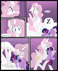 Size: 1767x2159 | Tagged: safe, artist:fauxsquared, artist:michwoona, derpibooru import, princess celestia, twilight sparkle, alicorn, pony, unicorn, carrying, colored, comic, cute, eyes closed, filly, filly twilight sparkle, floppy ears, momlestia, mouth hold, prone, scruff, sleeping, smiling, speech bubble, surprised, tired, unicorn twilight, walking, wide eyes, younger, z