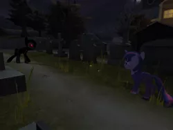 Size: 1024x768 | Tagged: 3d, artist:blusweater, cemetery, clothes, dangerous mission outfit, derpibooru import, gmod, night, safe, twilight sparkle, zombie pony