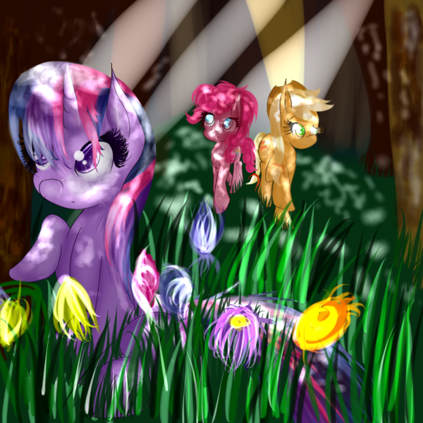 Size: 1000x1000 | Tagged: applejack, artist:fimirae, derpibooru import, forest, pinkie pie, safe, twilight sparkle