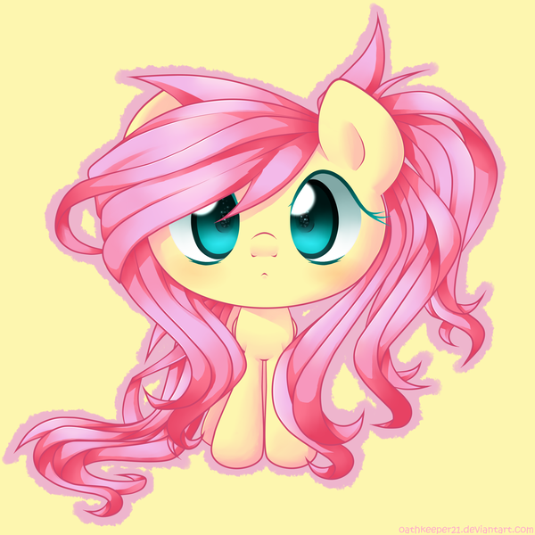 Size: 2700x2700 | Tagged: safe, artist:oathkeeper21, derpibooru import, fluttershy, pegasus, pony, looking at you, messy mane, simple background, solo, starry eyes, wingding eyes, yellow background