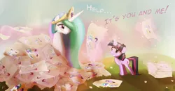 Size: 1280x670 | Tagged: artist:mechagen, blushing, derpibooru import, drawing, female, filly, filly twilight sparkle, pile, princess celestia, safe, twilight sparkle, younger