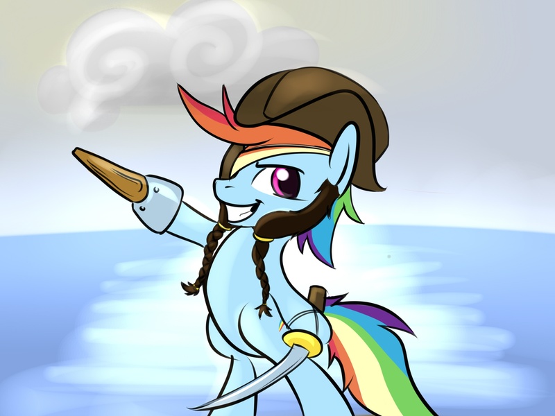 Size: 3200x2400 | Tagged: safe, artist:bluestreakfus, derpibooru import, rainbow dash, amputee, beard, eyepatch, peg leg, pirate, pirate dash, prosthetic leg, prosthetic limb, prosthetics, solo, sword