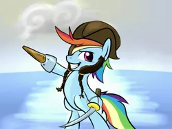 Size: 3200x2400 | Tagged: safe, artist:bluestreakfus, derpibooru import, rainbow dash, amputee, beard, eyepatch, peg leg, pirate, pirate dash, prosthetic leg, prosthetic limb, prosthetics, solo, sword