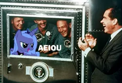 Size: 959x647 | Tagged: aeiou, american president, apollo 11, artist:roger334, buzz aldrin, clapping, derpibooru import, human, irl, irl human, luna and the nauts, michael collins, moonbase alpha, neil armstrong, open mouth, photo, ponies in real life, president, princess luna, richard nixon, safe, smiling, vector