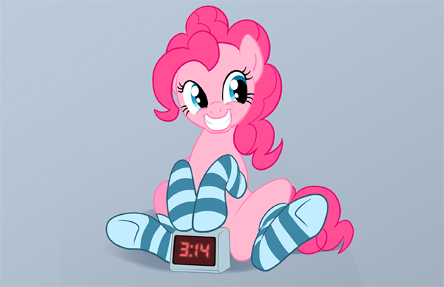 Size: 628x406 | Tagged: artist:brianblackberry, clock, clothes, covering, derpibooru import, innuendo, pinkie pie, smiling, socks, solo, strategically covered, striped socks, suggestive, underhoof