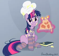 Size: 628x589 | Tagged: safe, artist:brianblackberry, derpibooru import, twilight sparkle, pony, unicorn, adorkable, book, cake, candle, chef's hat, clothes, cooking, cute, dork, female, food, hat, hnnng, looking at you, magic, mare, messy, sitting, smiling, socks, solo, striped socks, telekinesis, twiabetes, unicorn twilight, you tried