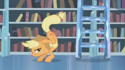 Size: 853x480 | Tagged: applejack, buck, bucking, derpibooru import, great moments in animation, kick, kicking, ladder, safe, screencap, solo, the crystal empire