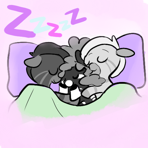 Size: 500x500 | Tagged: artist:mt, bed, cuddling, derpibooru import, minituffs, oc, oc:minituffs, oc:mti, oc:mua, safe, sleeping, snuggling, unofficial characters only, zebra, zzz