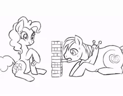 Size: 900x700 | Tagged: artist needed, dead source, safe, derpibooru import, big macintosh, pinkie pie, earth pony, pony, andrea libman, drawfag, everfree northwest, jenga, male, monochrome, peter new, scene interpretation, stallion, voice actor joke