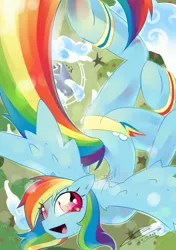 Size: 1000x1417 | Tagged: anthro, artist:iopichio, cloud, derpibooru import, flying, rainbow dash, safe, solo, vertigo