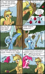 Size: 1920x3090 | Tagged: apple, apple/apples falling, applebucking, applejack, applejack mid tree-buck facing the left with 3 apples falling down, applejack mid tree-buck with 3 apples falling down, artist:ciriliko, book, comic, creeper, falling, food, hockey, pickaxe, pinkie pie, safe, tree, trixie, zas