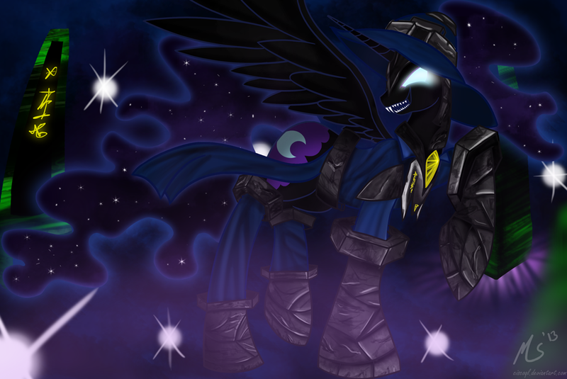 Size: 1000x669 | Tagged: armor, artist:ciscoql, clothes, crossover, derpibooru import, hat, league of legends, nightmare moon, open mouth, raised hoof, safe, sharp teeth, smiling, solo, spread wings, veigar