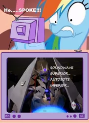 Size: 562x772 | Tagged: safe, derpibooru import, rainbow dash, exploitable meme, hub logo, meme, minus one, obligatory pony, soundwave, transformers, transformers prime, tv meme